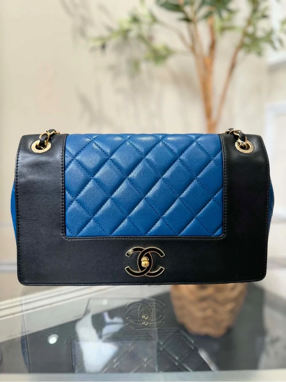CHANEL Quilted Blue Center Panel Shoulder Bag with Black Trim